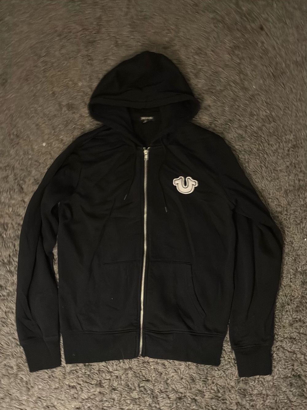 True Religion Black Full-Zip Hooded Jacket with Logo Patch